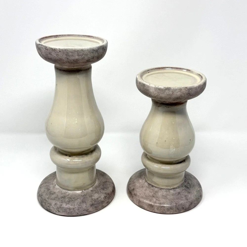 Ceramic Pillar Candle Holders Set of 2 Distressed Gray Cream